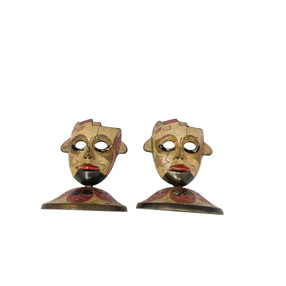 2 Vintage 70s Metal Drama Mask Whimsygoth Sculpture Spooky Kitsch Accent Decor - Picture 3 of 3